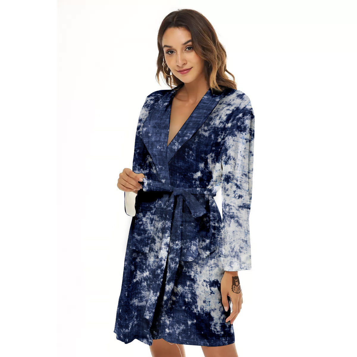 White And Blue Tie Dye Acid Wash Print Women's Robe-grizzshop