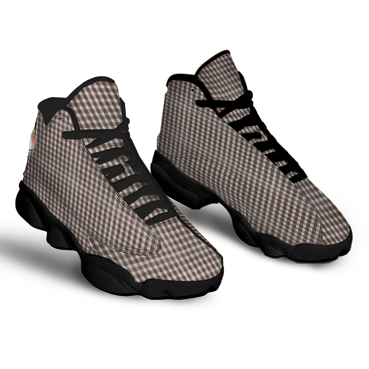 White And Brown Doodle Check Print Pattern Black Basketball Shoes-grizzshop