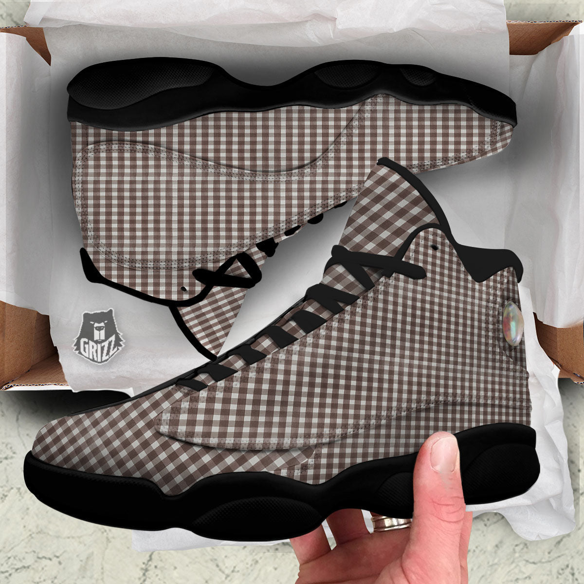 White And Brown Doodle Check Print Pattern Black Basketball Shoes-grizzshop