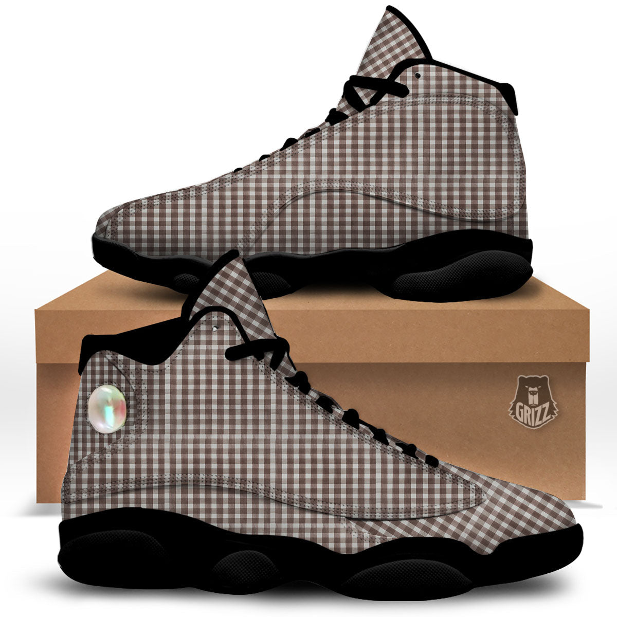 White And Brown Doodle Check Print Pattern Black Basketball Shoes-grizzshop