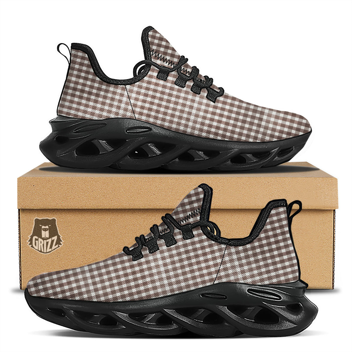 White And Brown Doodle Check Print Pattern Black Running Shoes-grizzshop
