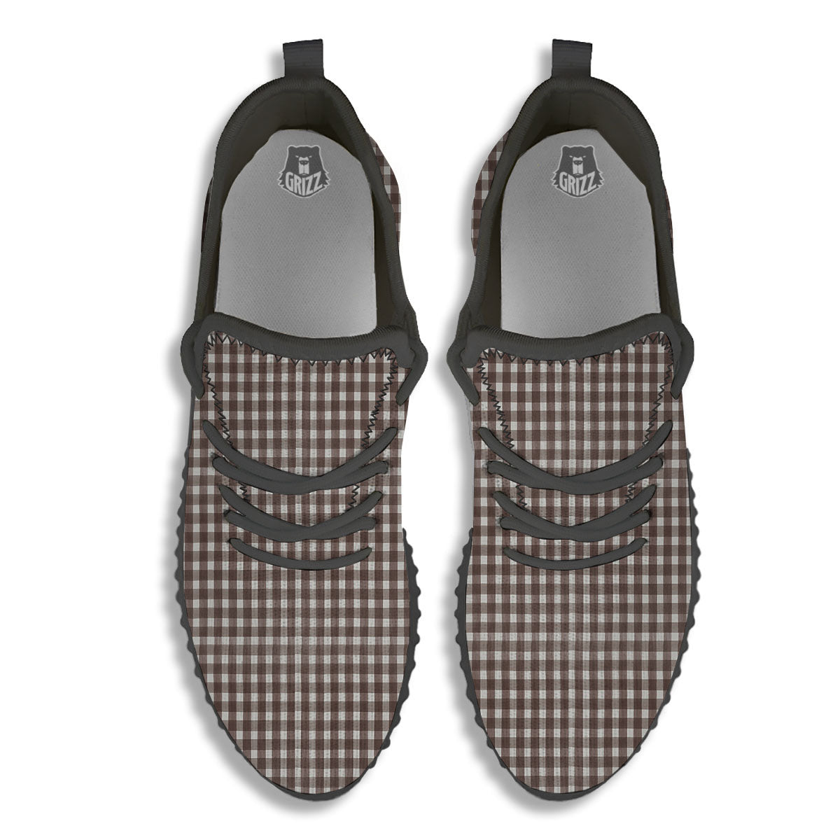 White And Brown Doodle Check Print Pattern Black Walking Shoes-grizzshop