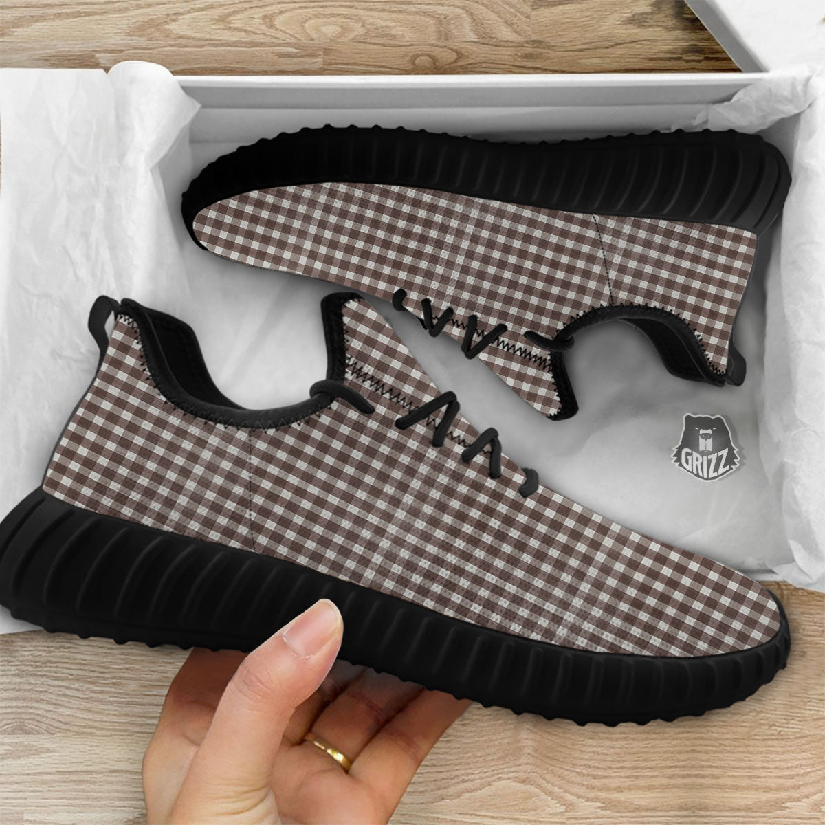 White And Brown Doodle Check Print Pattern Black Walking Shoes-grizzshop