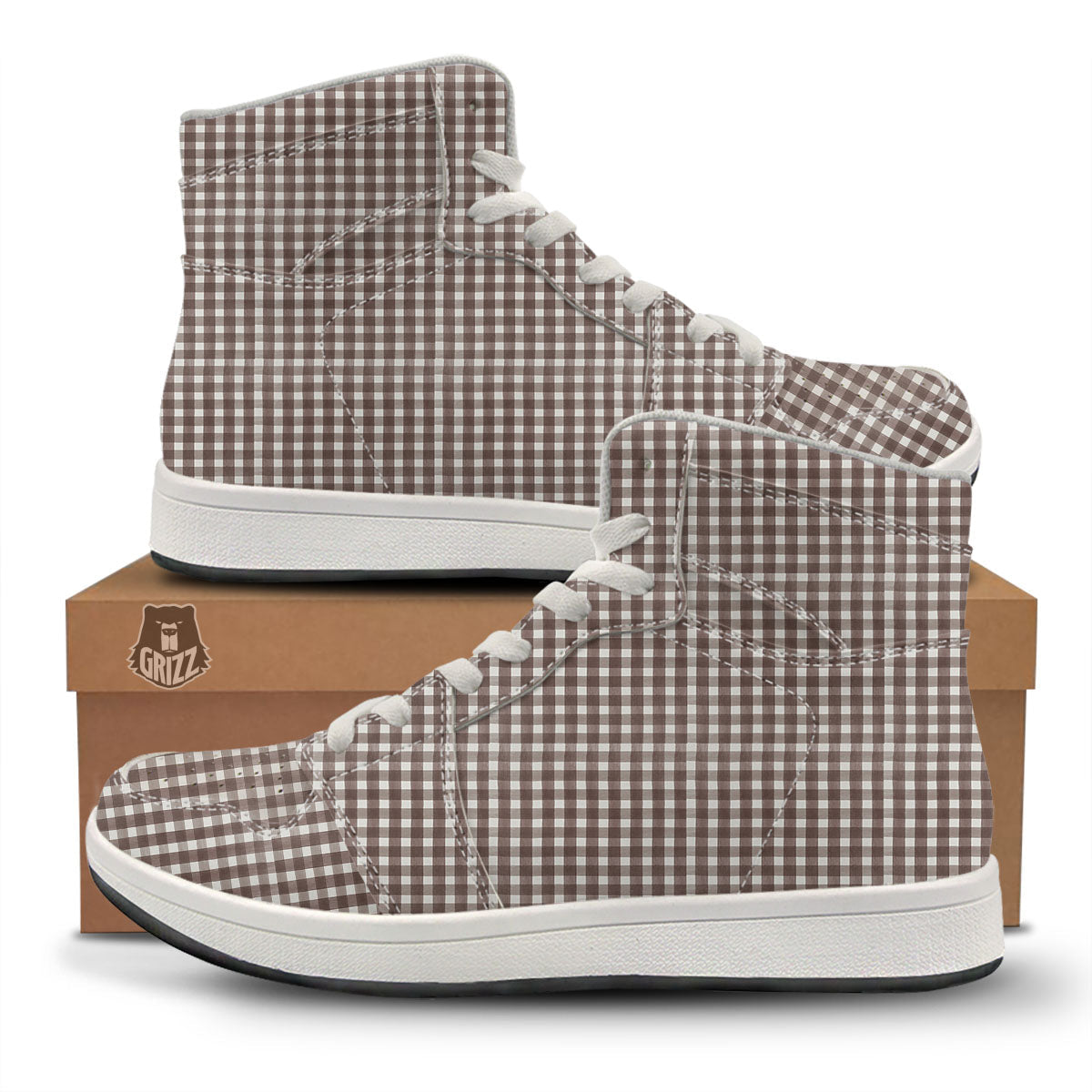 White And Brown Doodle Check Print Pattern High Top Sneakers-grizzshop