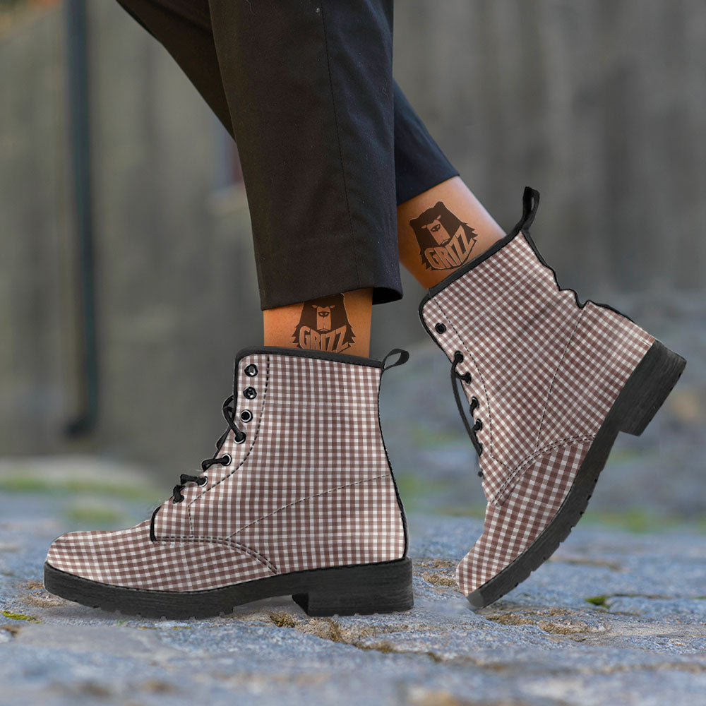 White And Brown Doodle Check Print Pattern Leather Boots-grizzshop