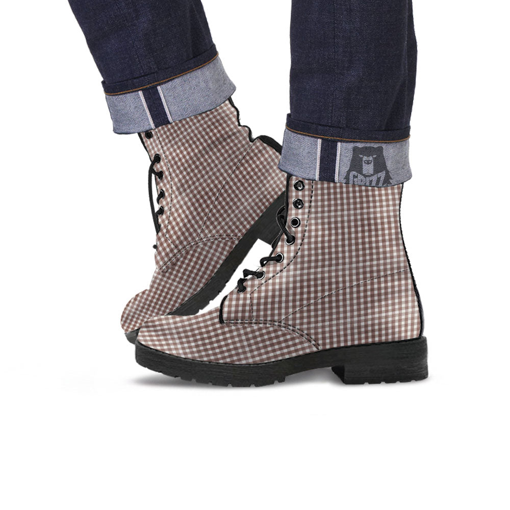 White And Brown Doodle Check Print Pattern Leather Boots-grizzshop