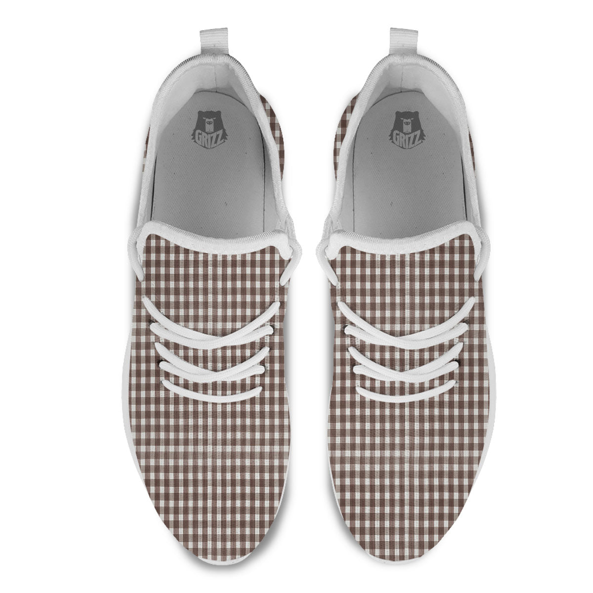 White And Brown Doodle Check Print Pattern White Athletic Shoes-grizzshop