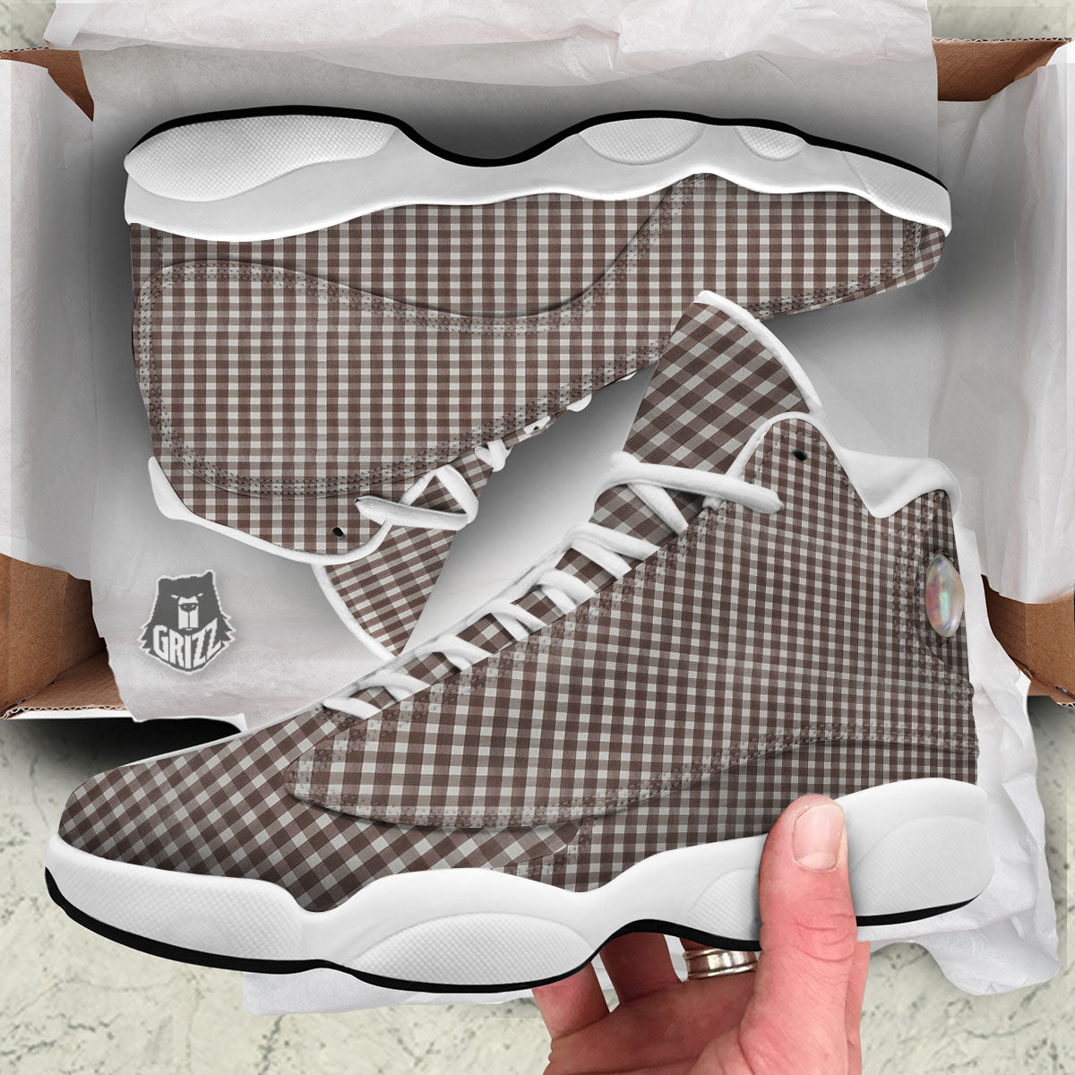 White And Brown Doodle Check Print Pattern White Basketball Shoes-grizzshop
