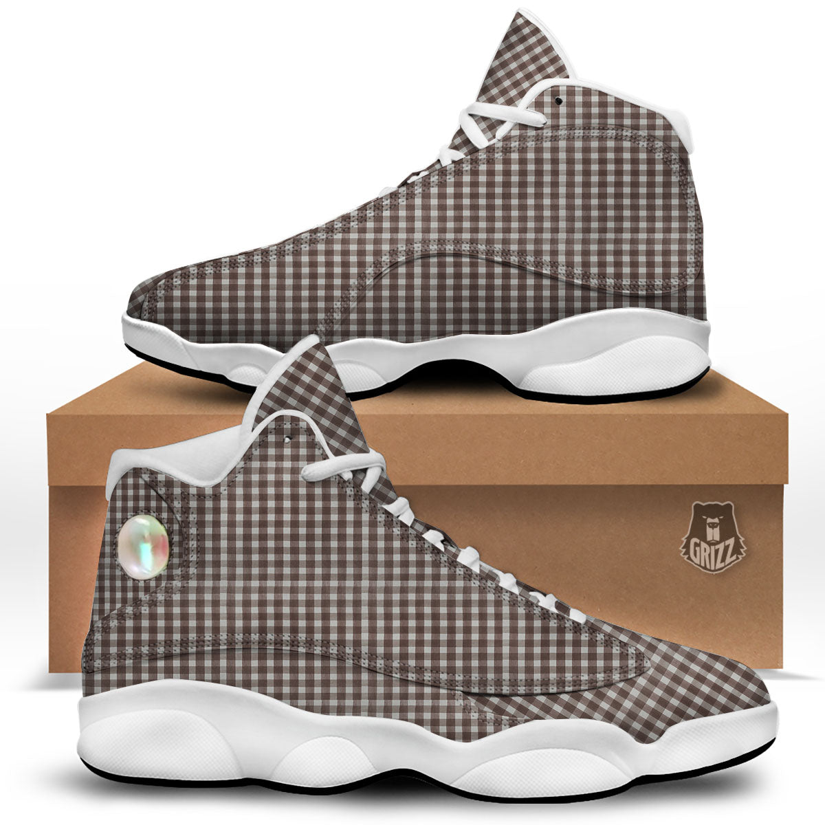 White And Brown Doodle Check Print Pattern White Basketball Shoes-grizzshop