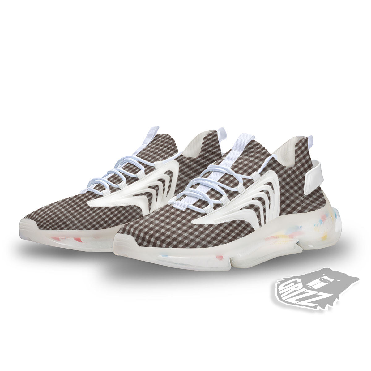 White And Brown Doodle Check Print Pattern White Gym Shoes-grizzshop