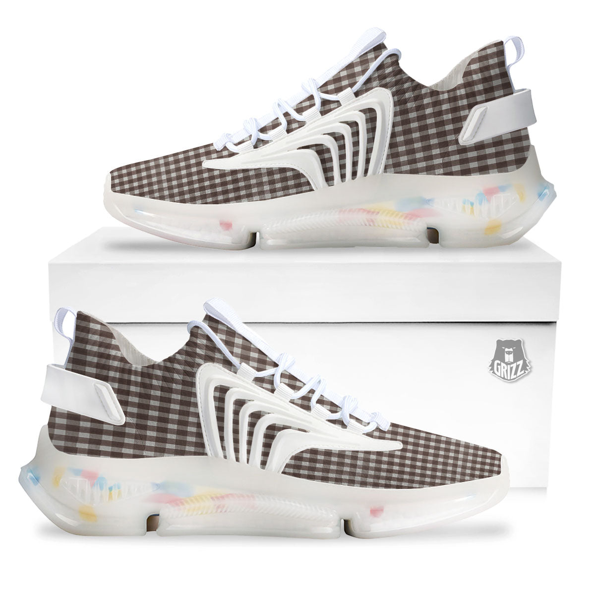 White And Brown Doodle Check Print Pattern White Gym Shoes-grizzshop