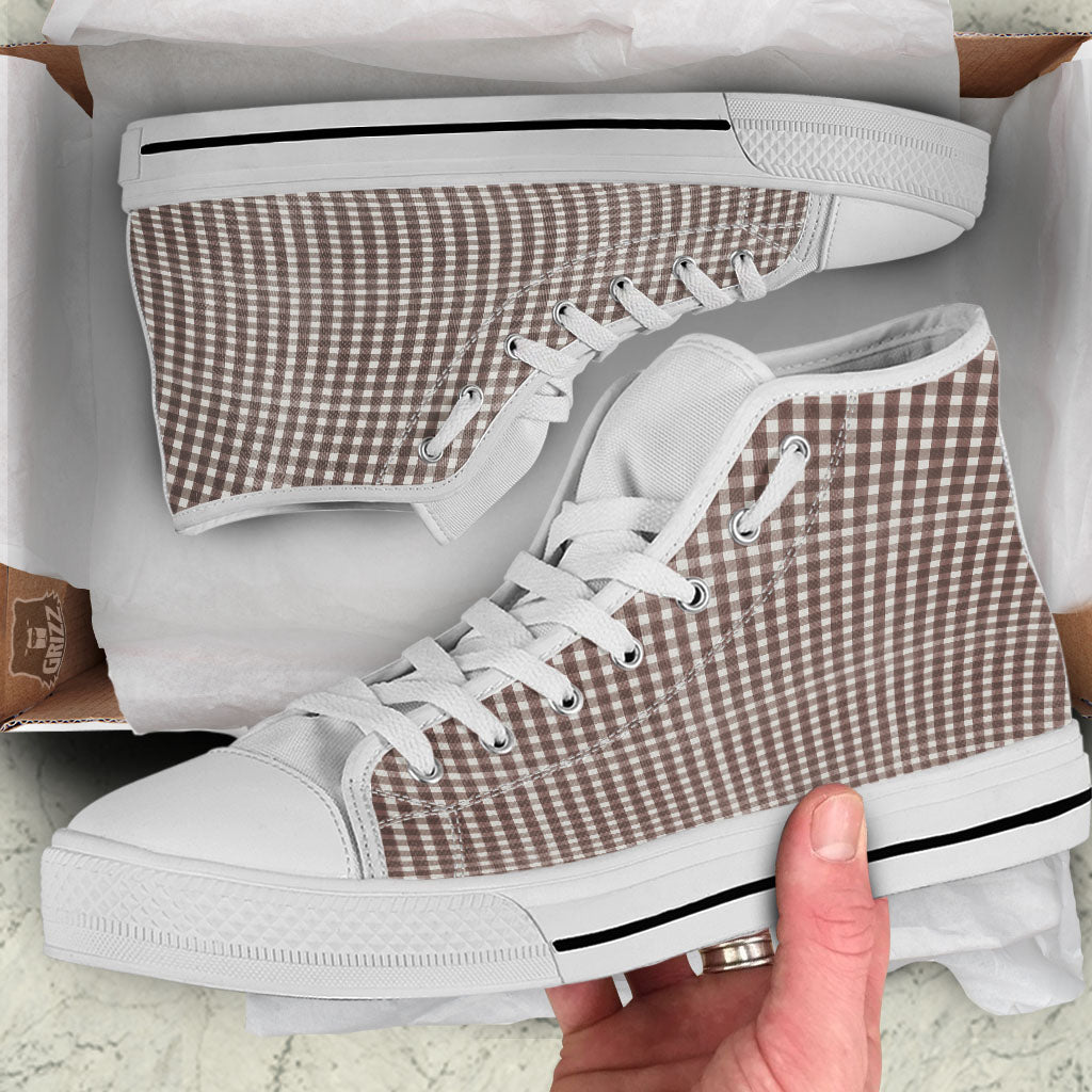 White And Brown Doodle Check Print Pattern White High Top Shoes-grizzshop