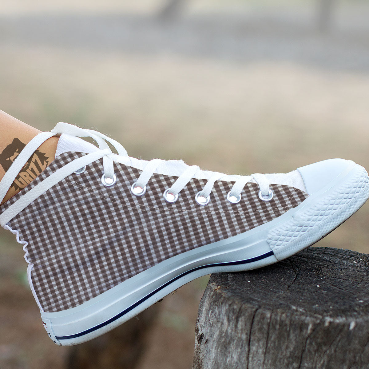 White And Brown Doodle Check Print Pattern White High Top Shoes-grizzshop