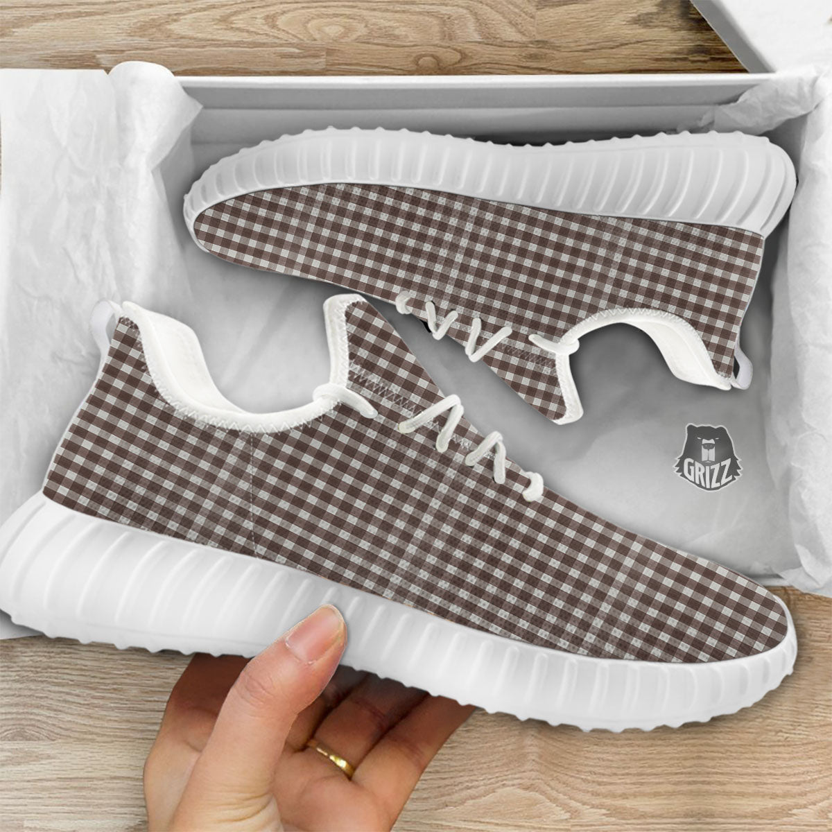 White And Brown Doodle Check Print Pattern White Walking Shoes-grizzshop