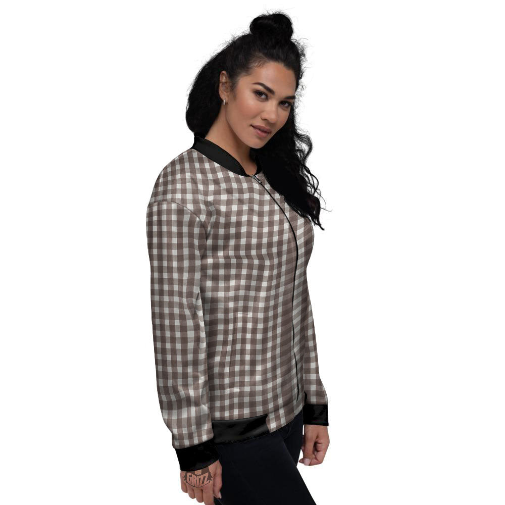 White And Brown Doodle Check Print Pattern Women's Bomber Jacket-grizzshop