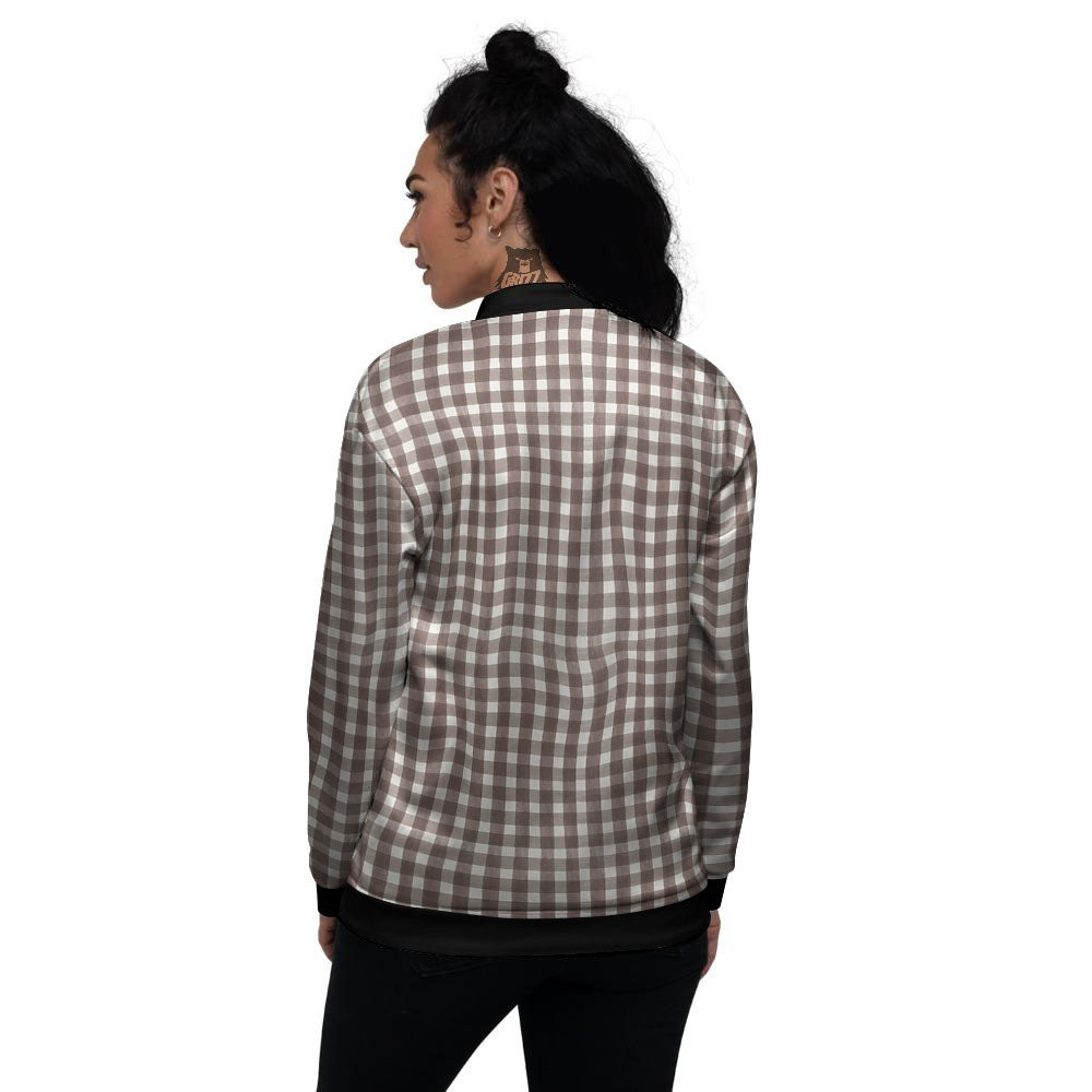 White And Brown Doodle Check Print Pattern Women's Bomber Jacket-grizzshop