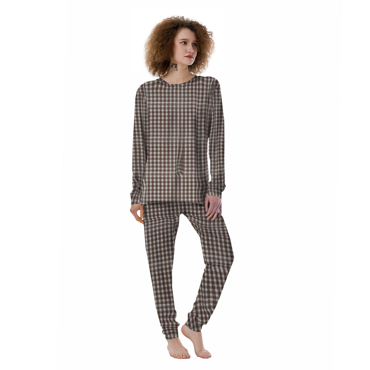 White And Brown Doodle Check Print Pattern Women's Pajamas-grizzshop