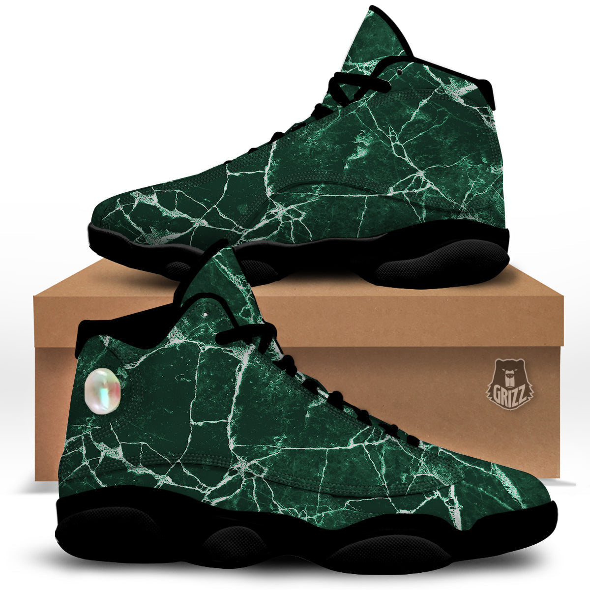 White And Dark Green Marble Texture Print Black Basketball Shoes-grizzshop