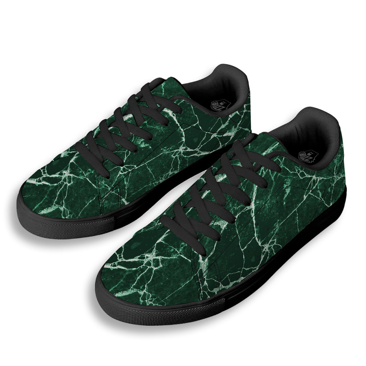 White And Dark Green Marble Texture Print Black Low Top Sneakers-grizzshop
