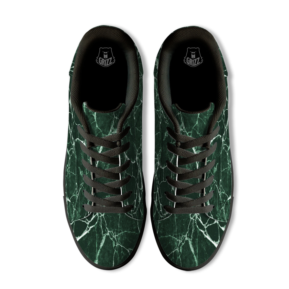 White And Dark Green Marble Texture Print Black Low Top Sneakers-grizzshop