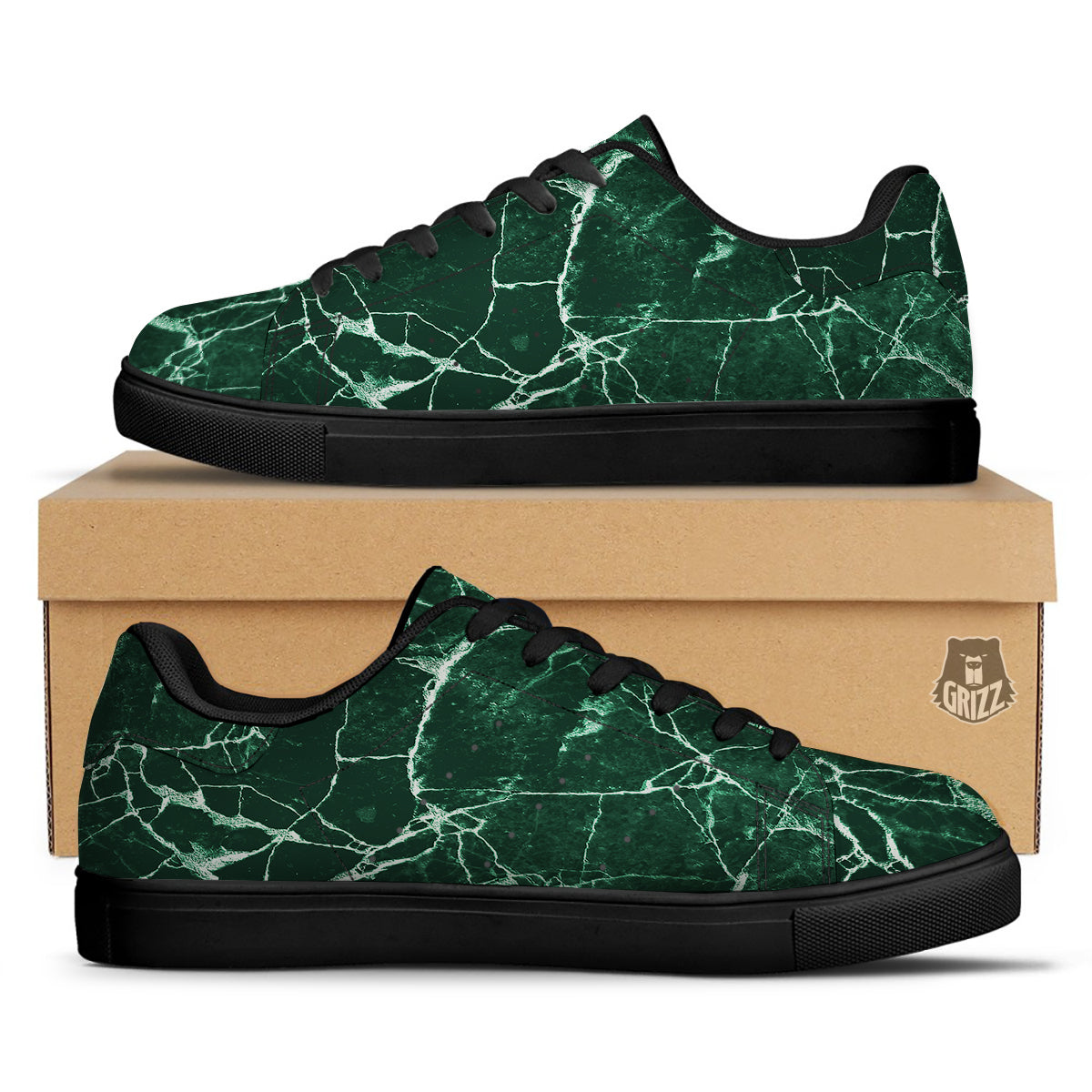White And Dark Green Marble Texture Print Black Low Top Sneakers-grizzshop