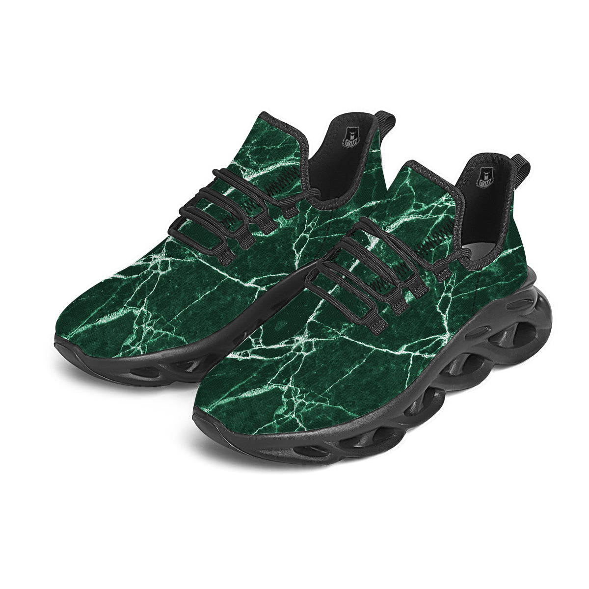 White And Dark Green Marble Texture Print Black Running Shoes-grizzshop