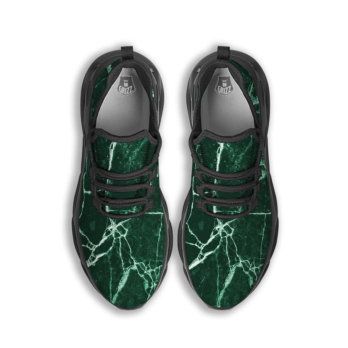 White And Dark Green Marble Texture Print Black Running Shoes-grizzshop