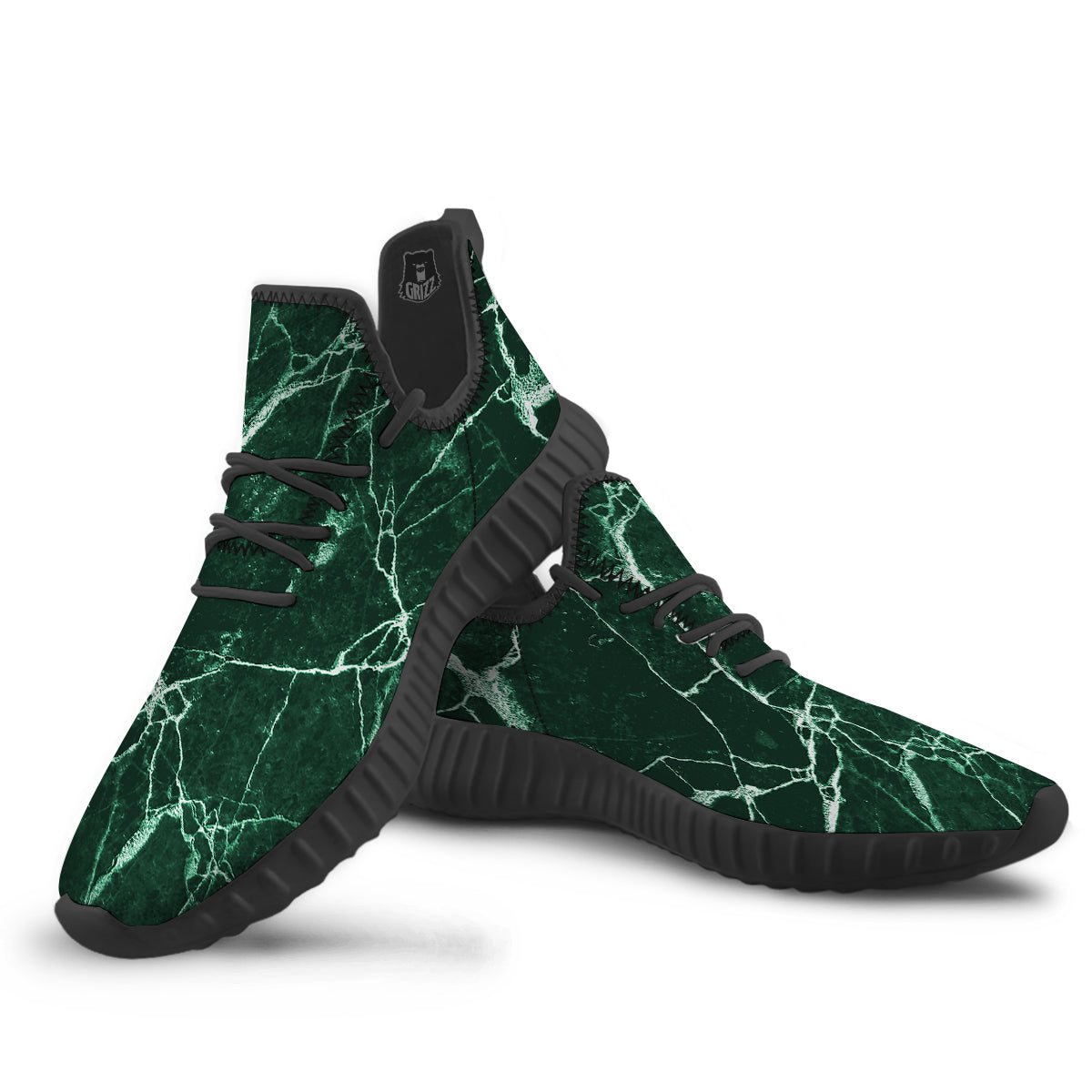 White And Dark Green Marble Texture Print Black Walking Shoes-grizzshop