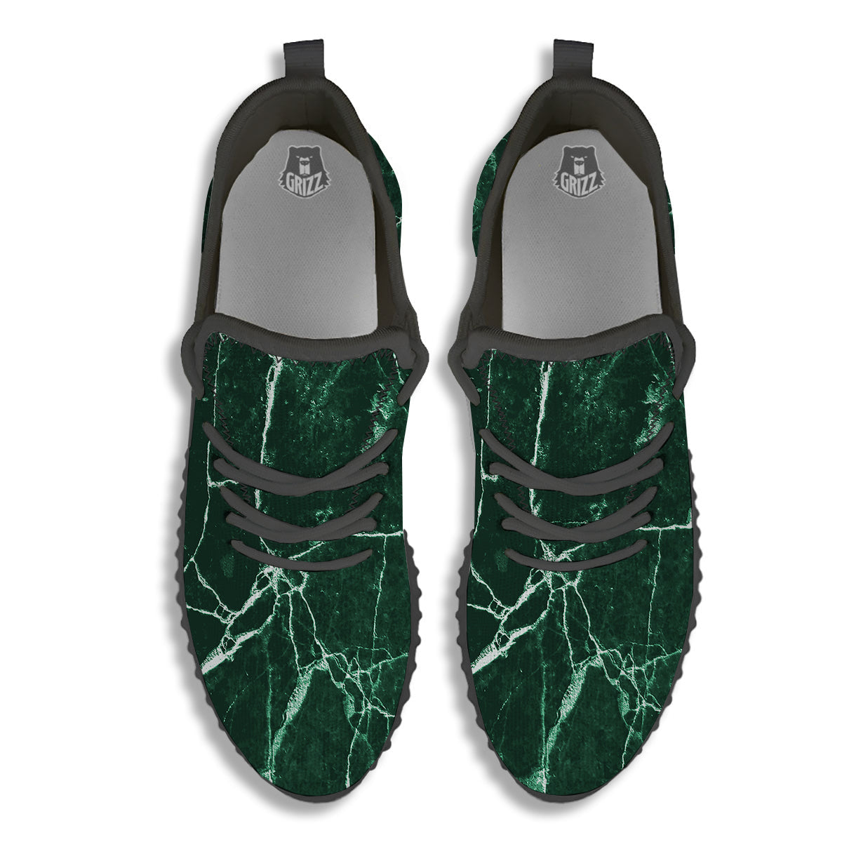 White And Dark Green Marble Texture Print Black Walking Shoes-grizzshop