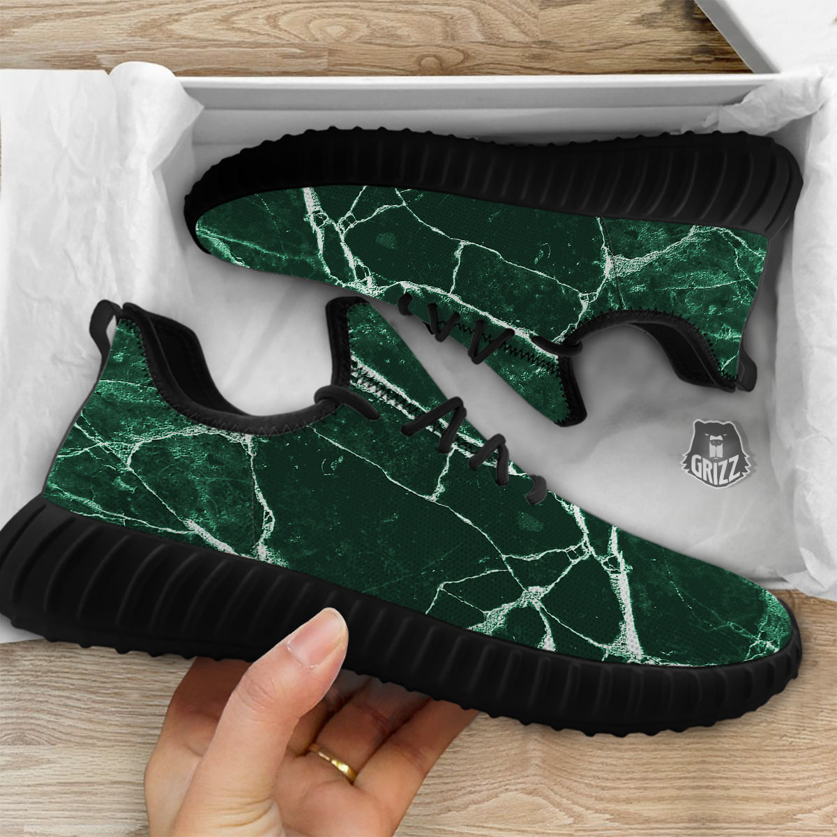 White And Dark Green Marble Texture Print Black Walking Shoes-grizzshop