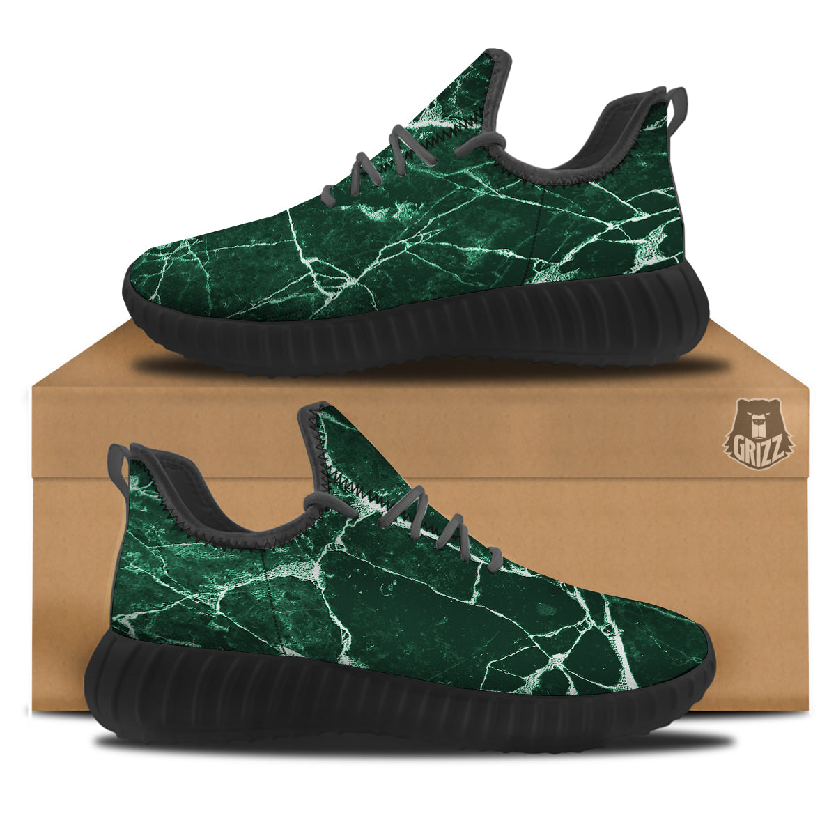 White And Dark Green Marble Texture Print Black Walking Shoes-grizzshop