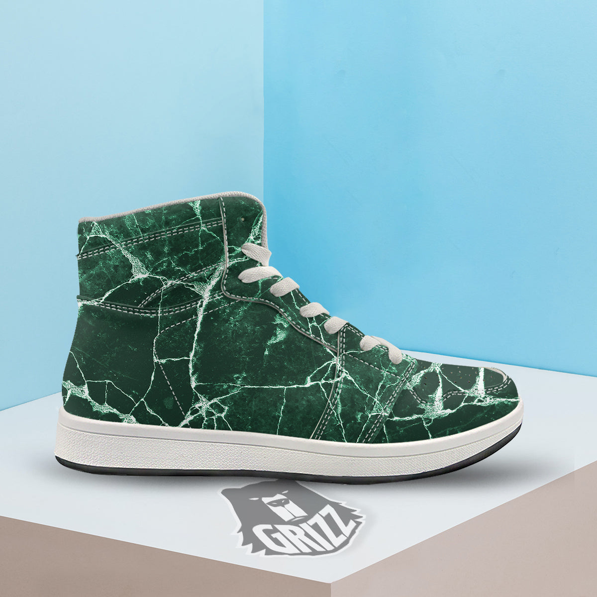 White And Dark Green Marble Texture Print High Top Sneakers-grizzshop