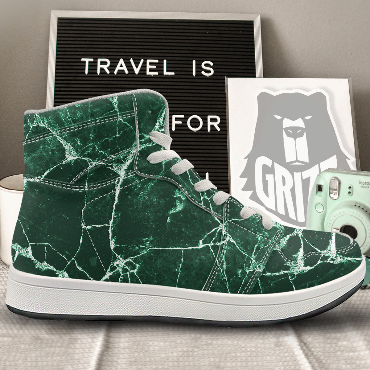 White And Dark Green Marble Texture Print High Top Sneakers-grizzshop