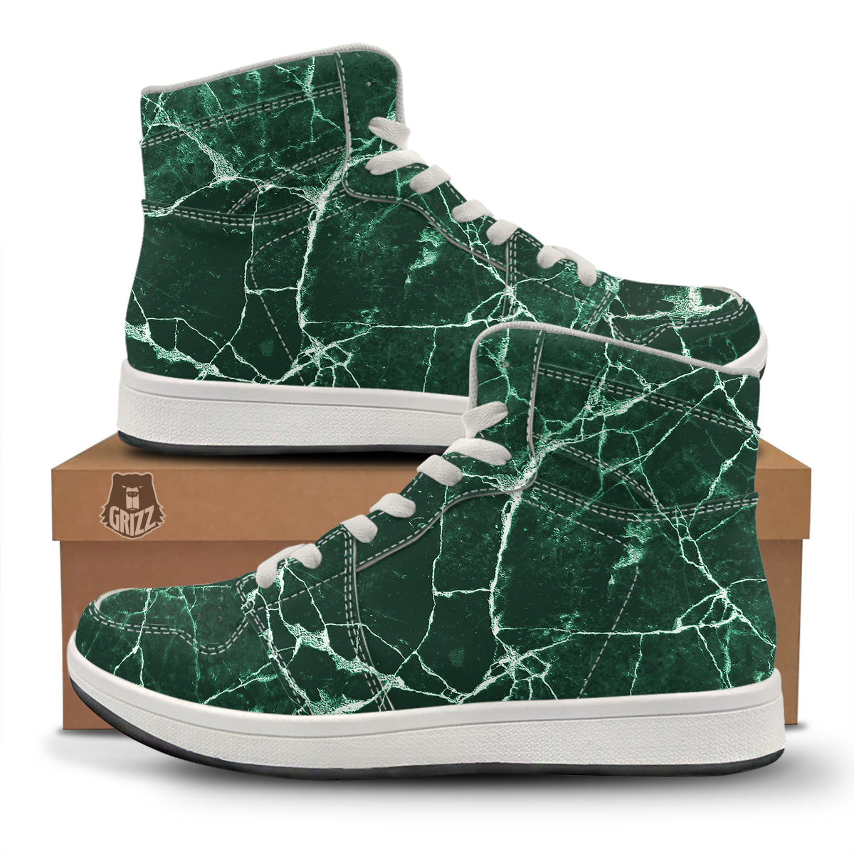 White And Dark Green Marble Texture Print High Top Sneakers-grizzshop