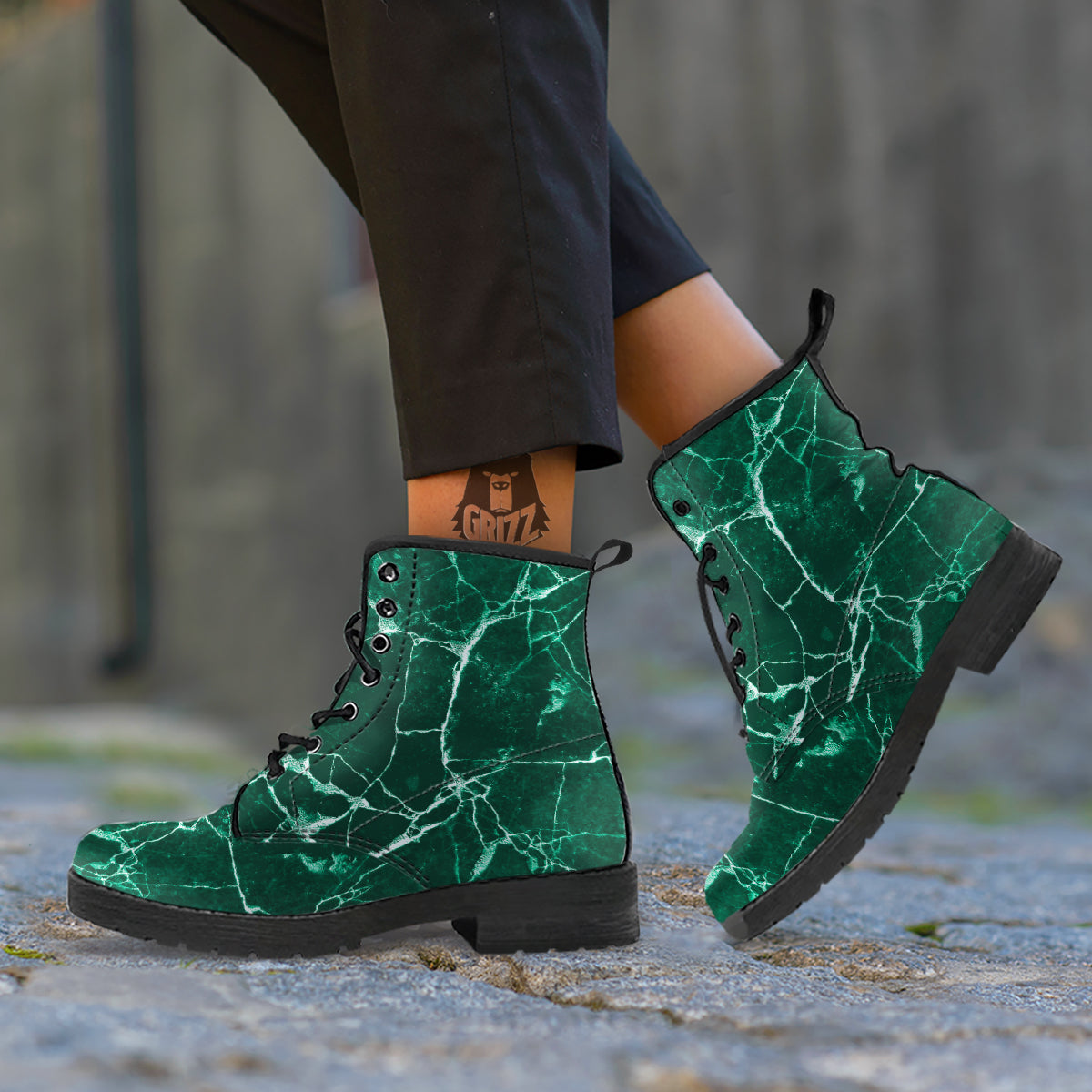 White And Dark Green Marble Texture Print Leather Boots-grizzshop