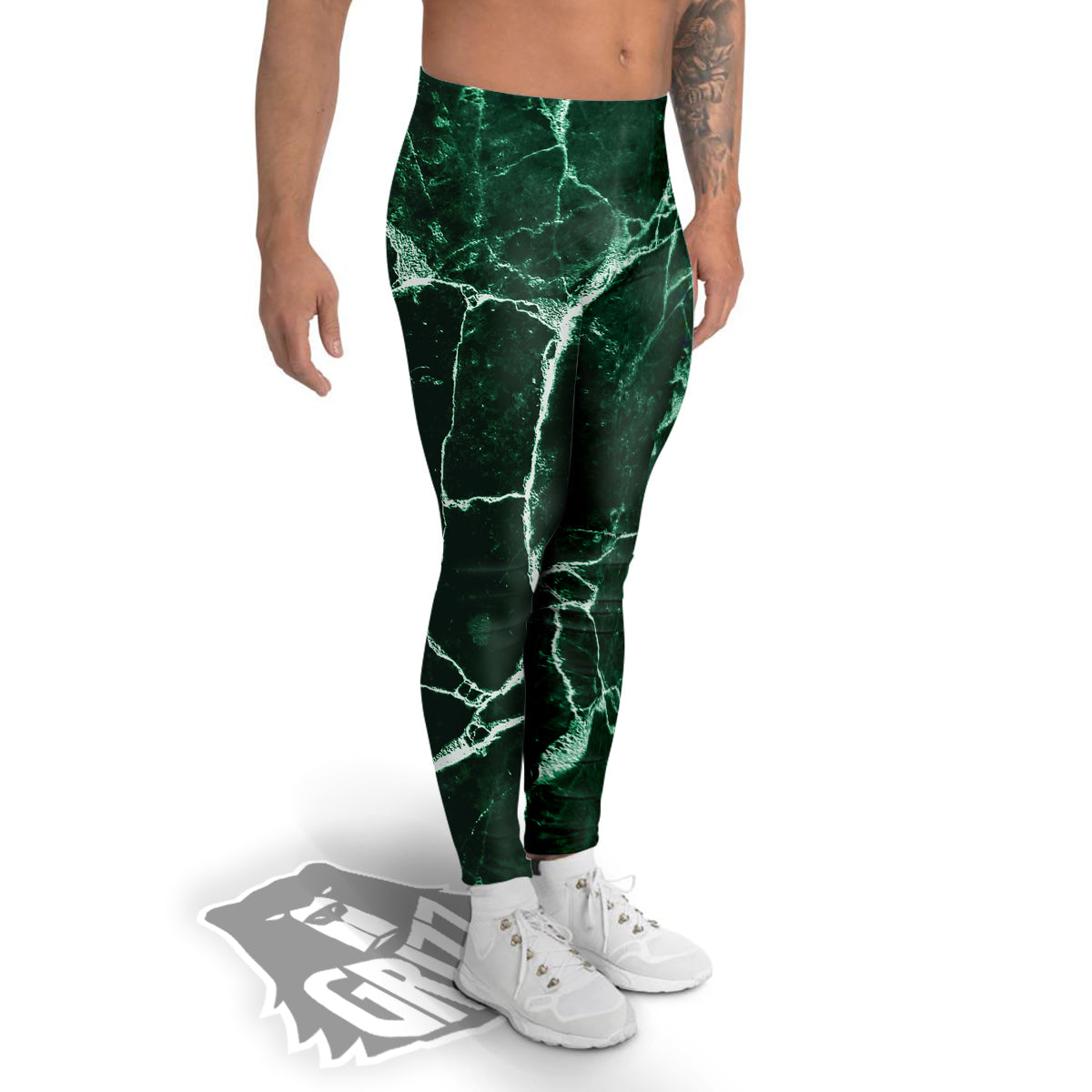 White And Dark Green Marble Texture Print Men's Leggings-grizzshop