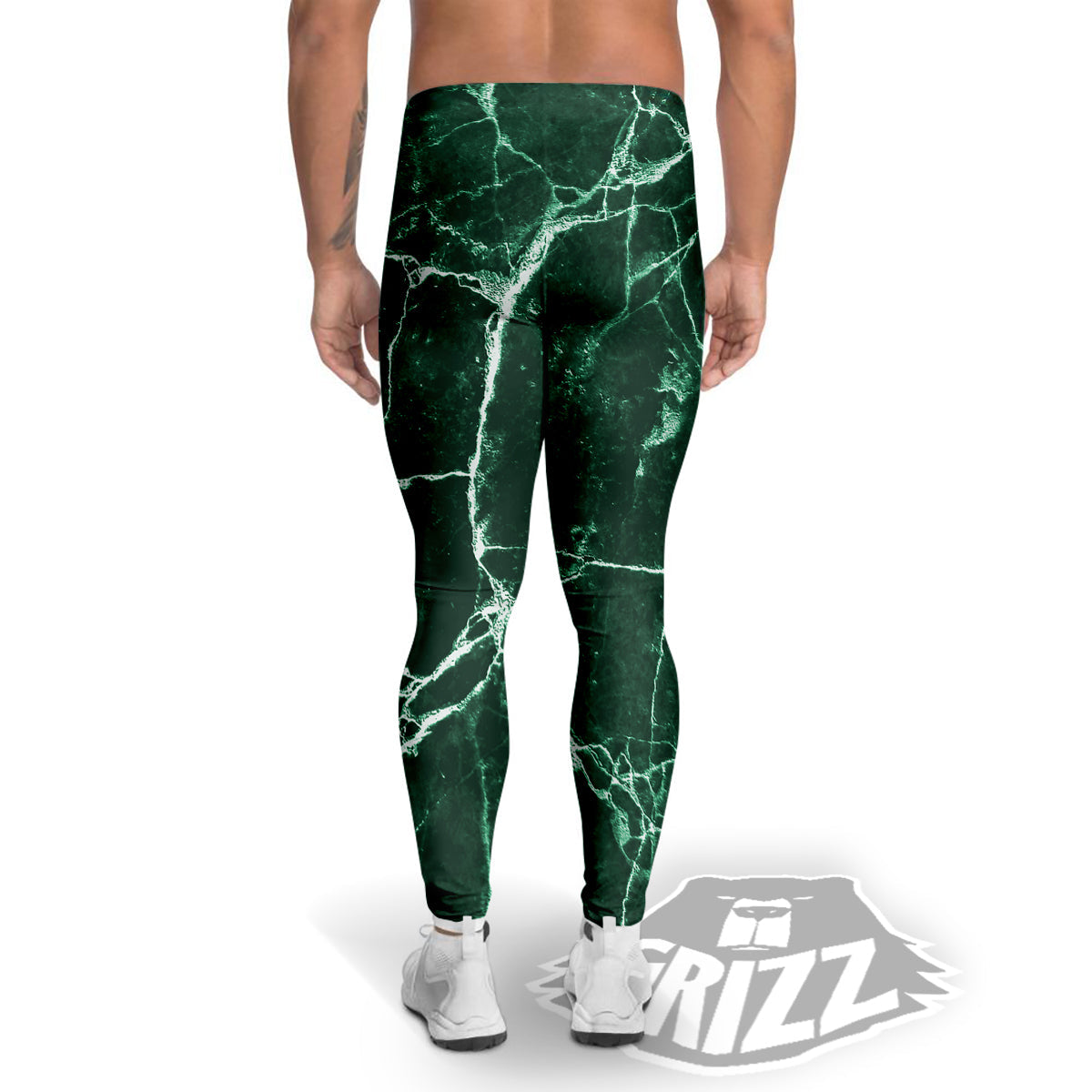 White And Dark Green Marble Texture Print Men's Leggings-grizzshop