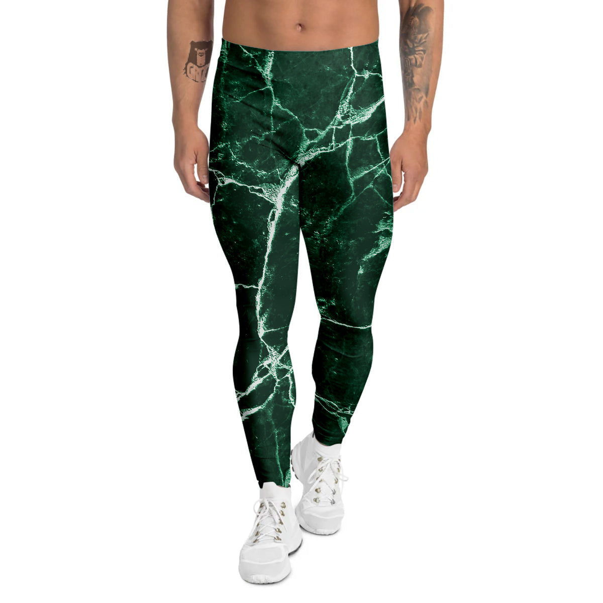 White And Dark Green Marble Texture Print Men's Leggings-grizzshop