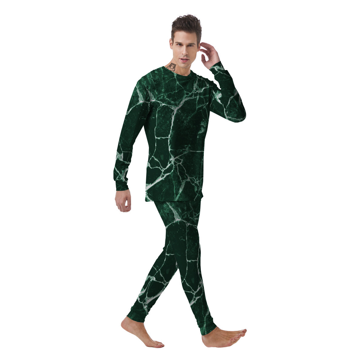 White And Dark Green Marble Texture Print Men's Pajamas-grizzshop