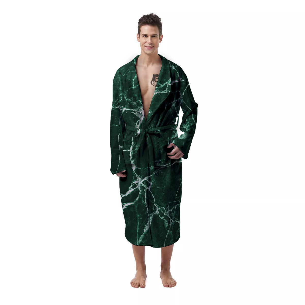 White And Dark Green Marble Texture Print Men's Robe