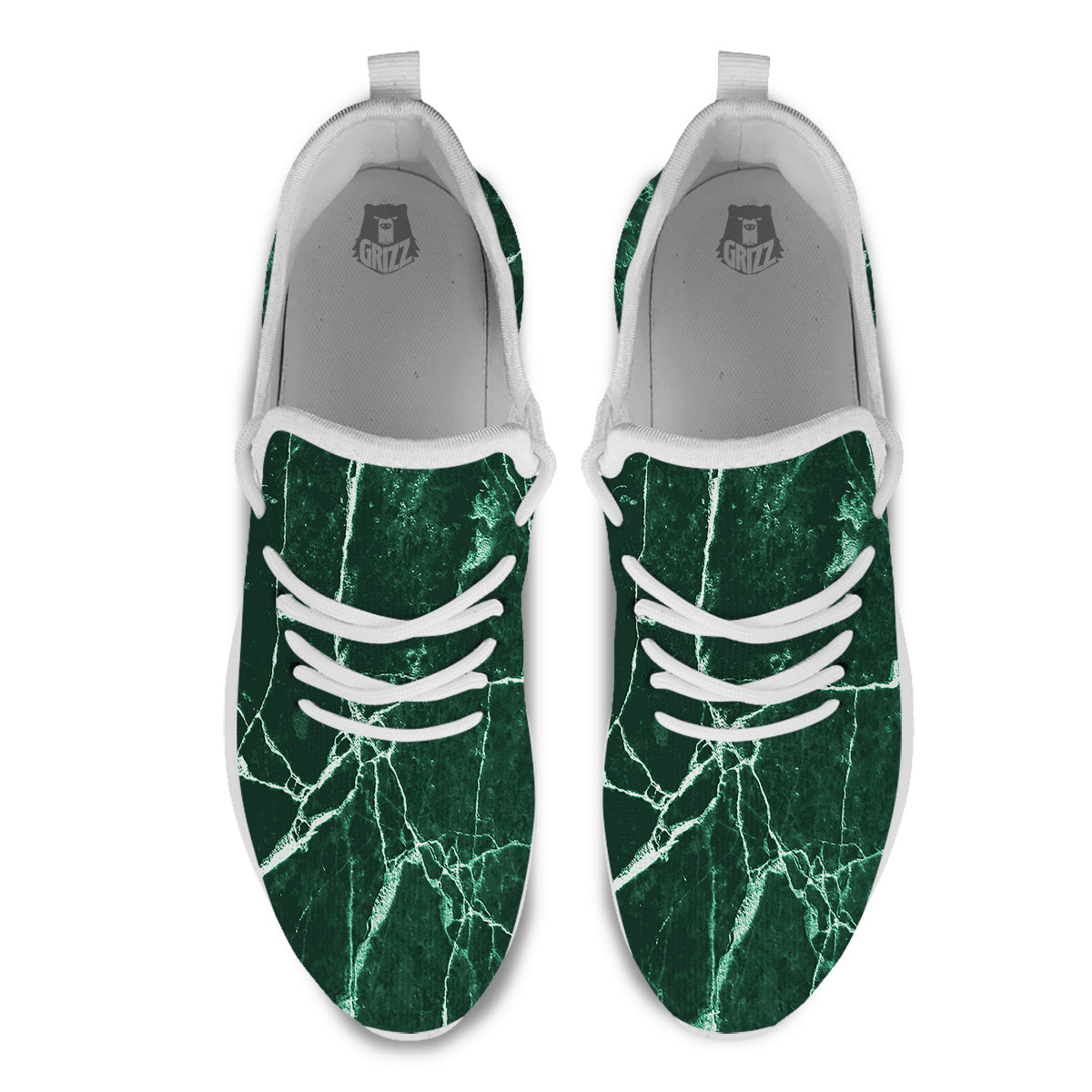 White And Dark Green Marble Texture Print White Athletic Shoes-grizzshop