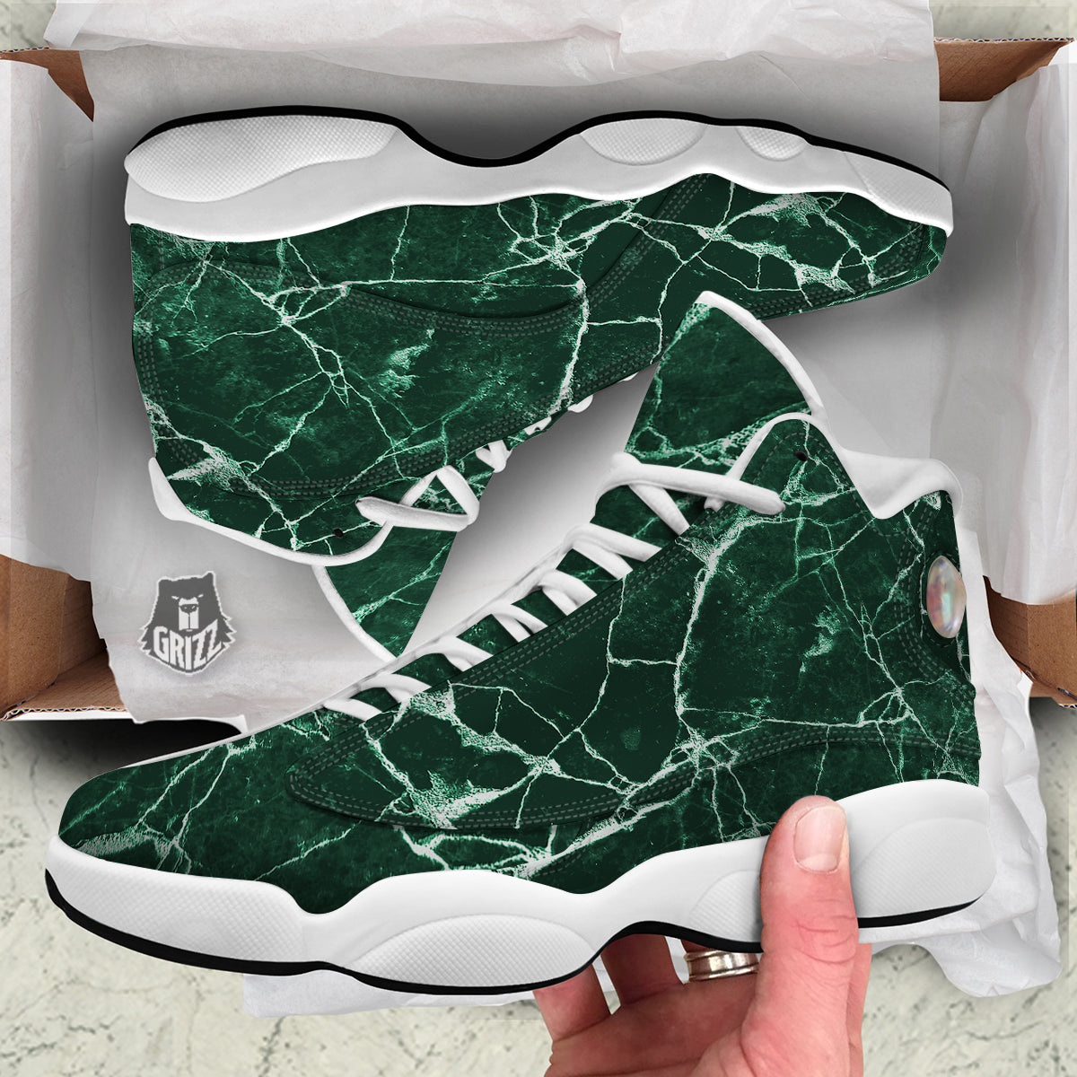 White And Dark Green Marble Texture Print White Basketball Shoes-grizzshop