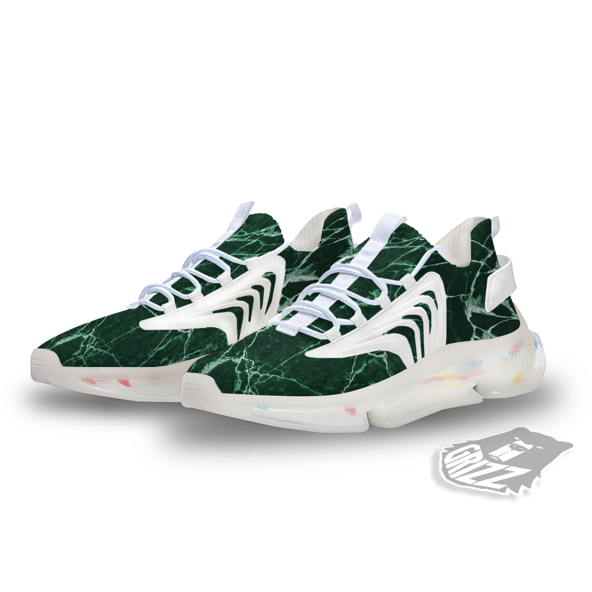 White And Dark Green Marble Texture Print White Gym Shoes-grizzshop