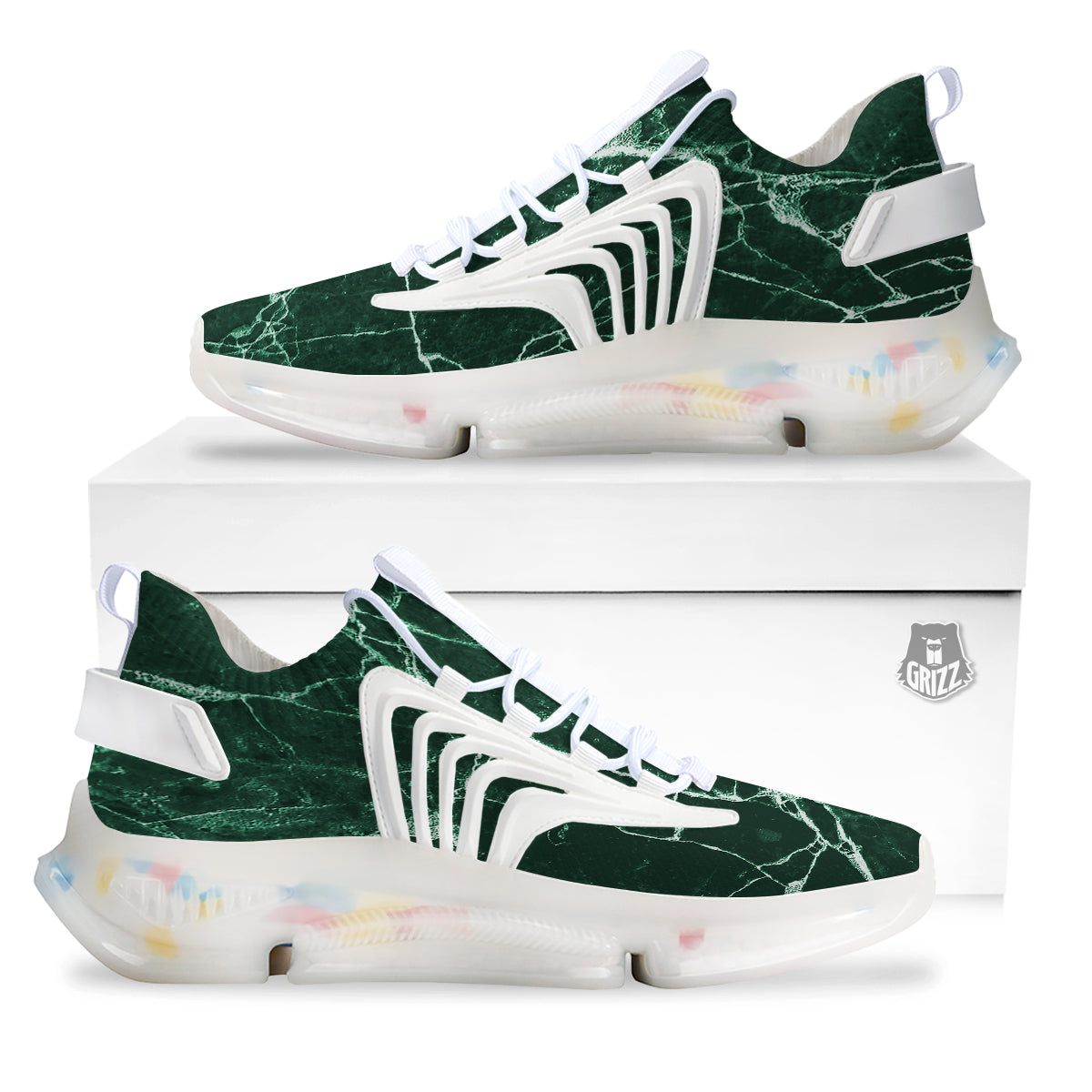 White And Dark Green Marble Texture Print White Gym Shoes-grizzshop