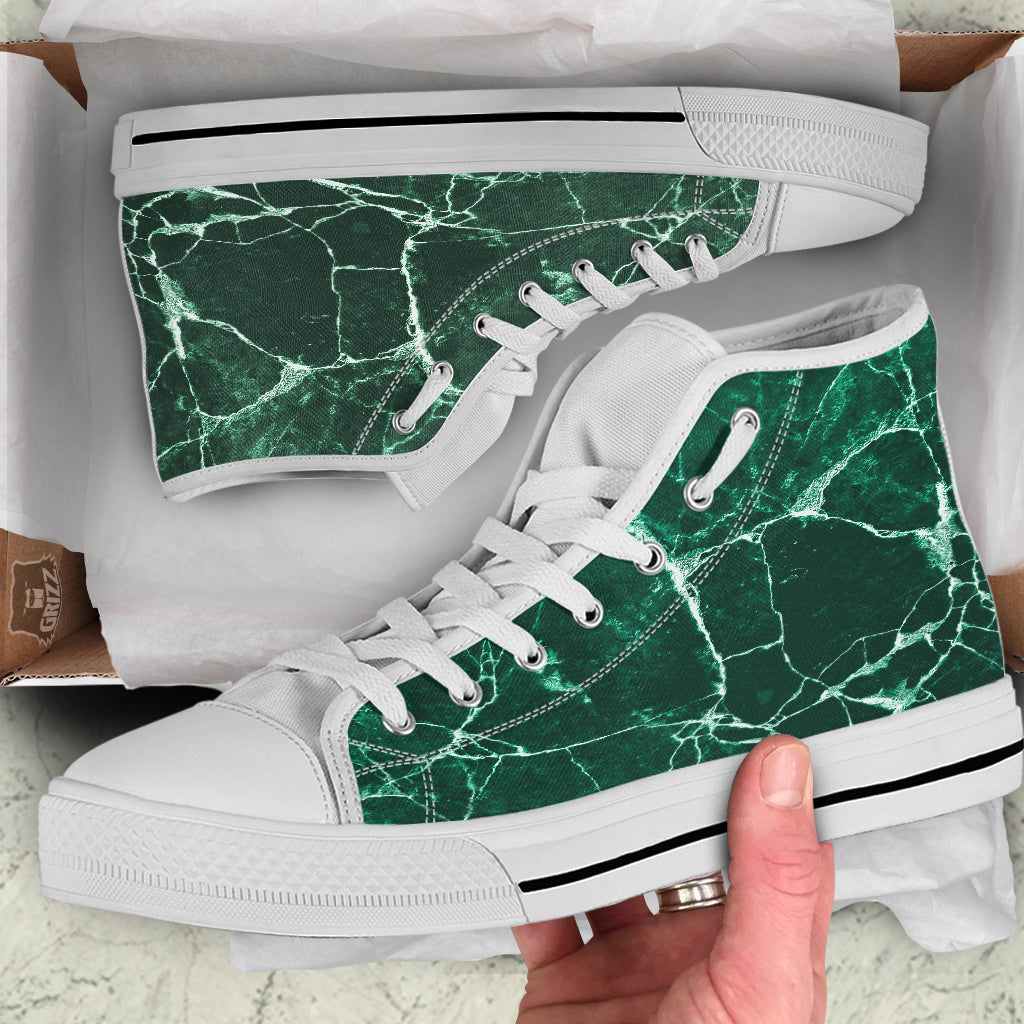 White And Dark Green Marble Texture Print White High Top Shoes-grizzshop