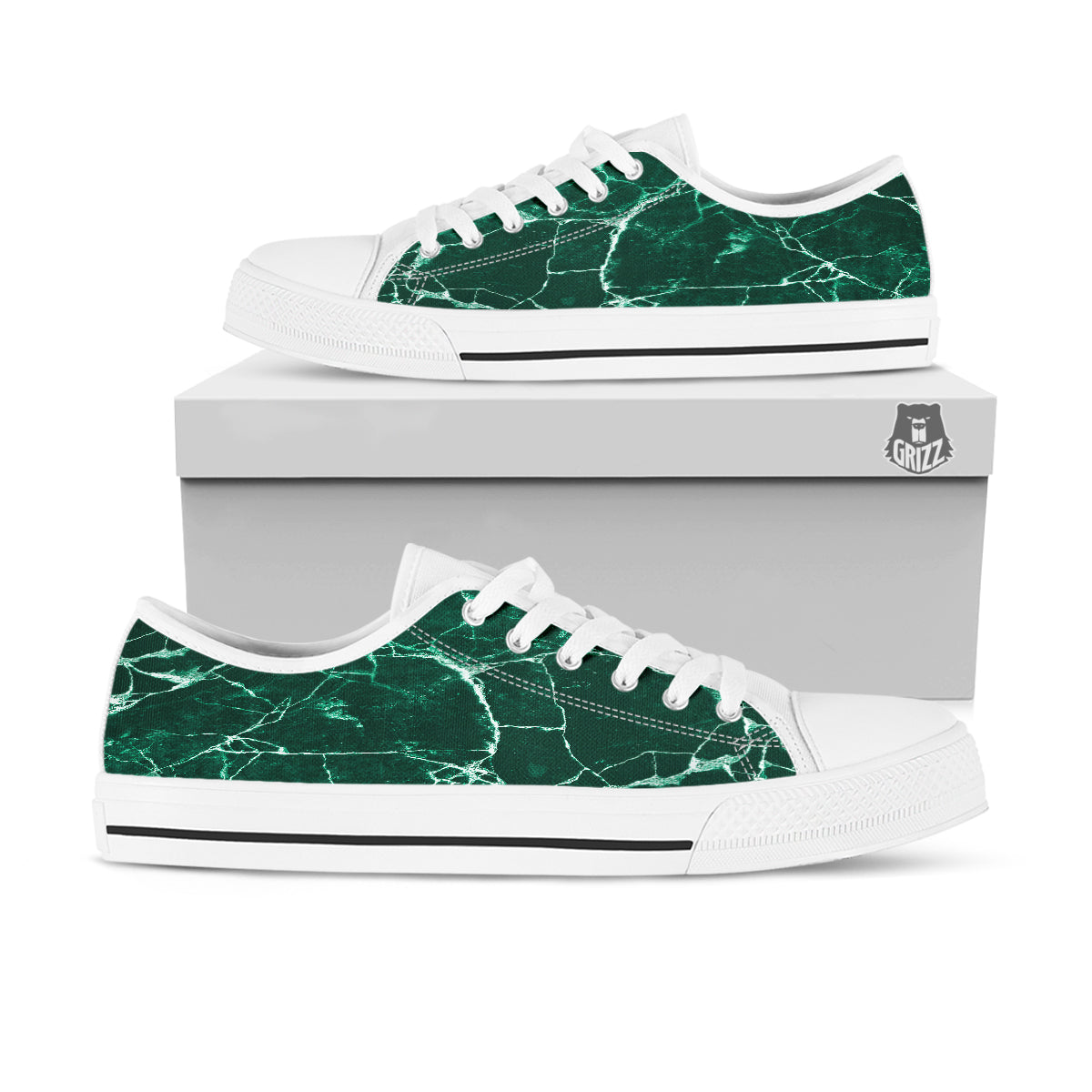 White And Dark Green Marble Texture Print White Low Top Shoes-grizzshop