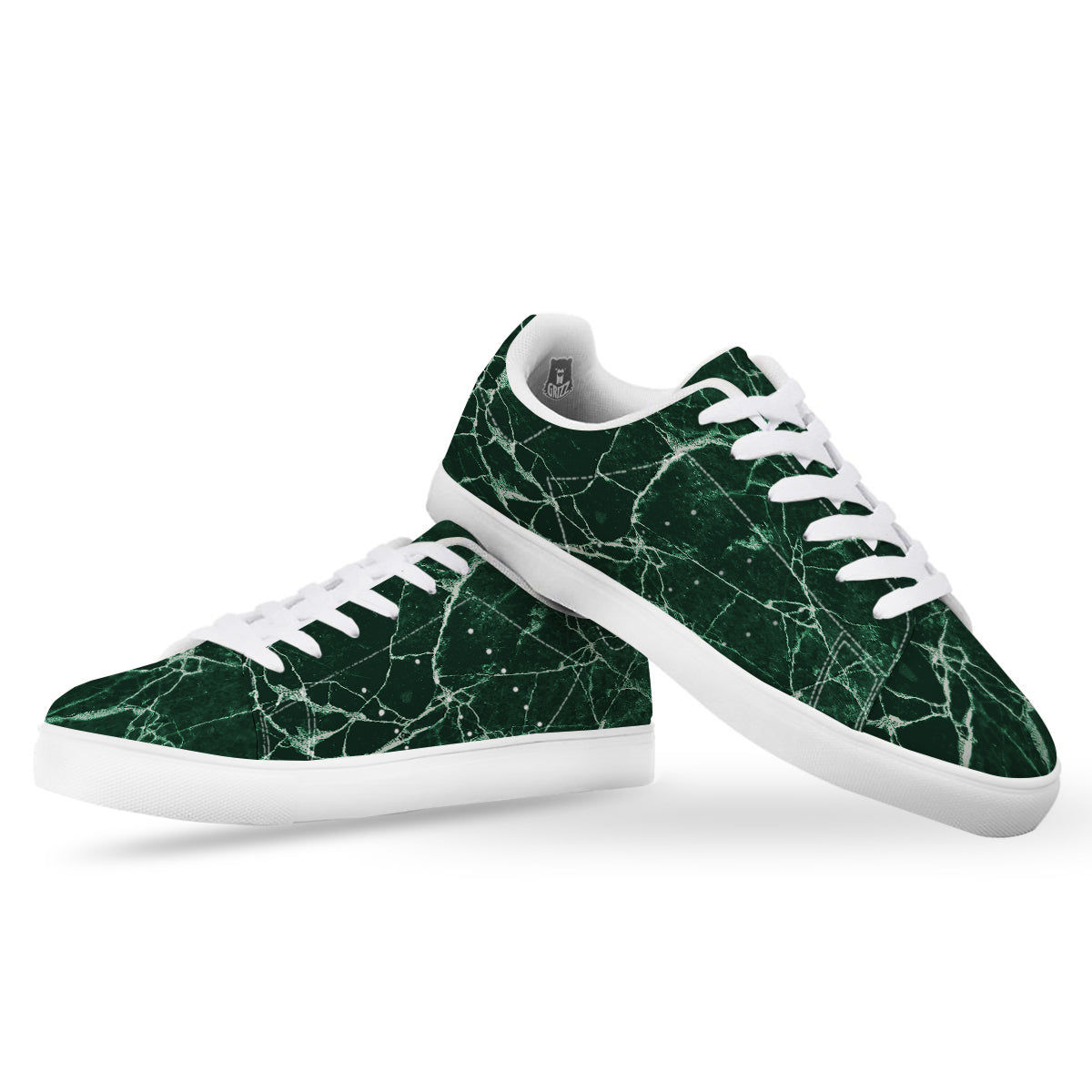 White And Dark Green Marble Texture Print White Low Top Sneakers-grizzshop