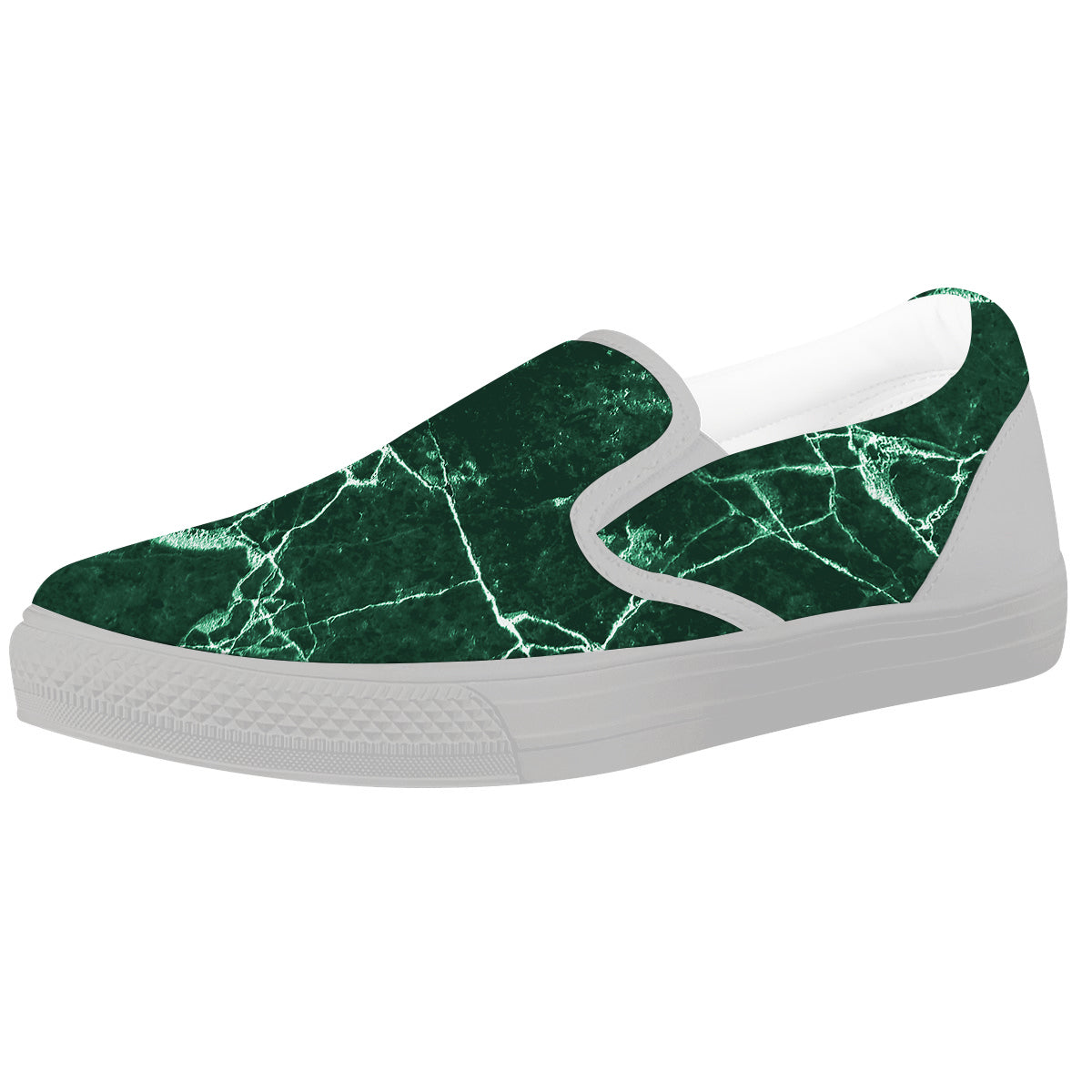 White And Dark Green Marble Texture Print White Slip On Shoes-grizzshop