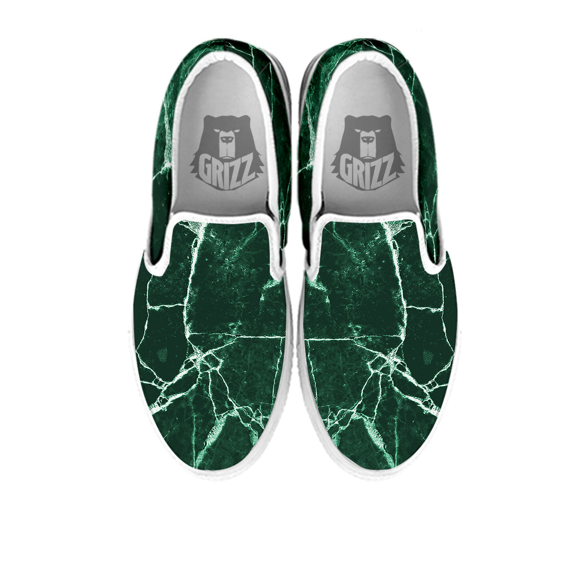 White And Dark Green Marble Texture Print White Slip On Shoes-grizzshop
