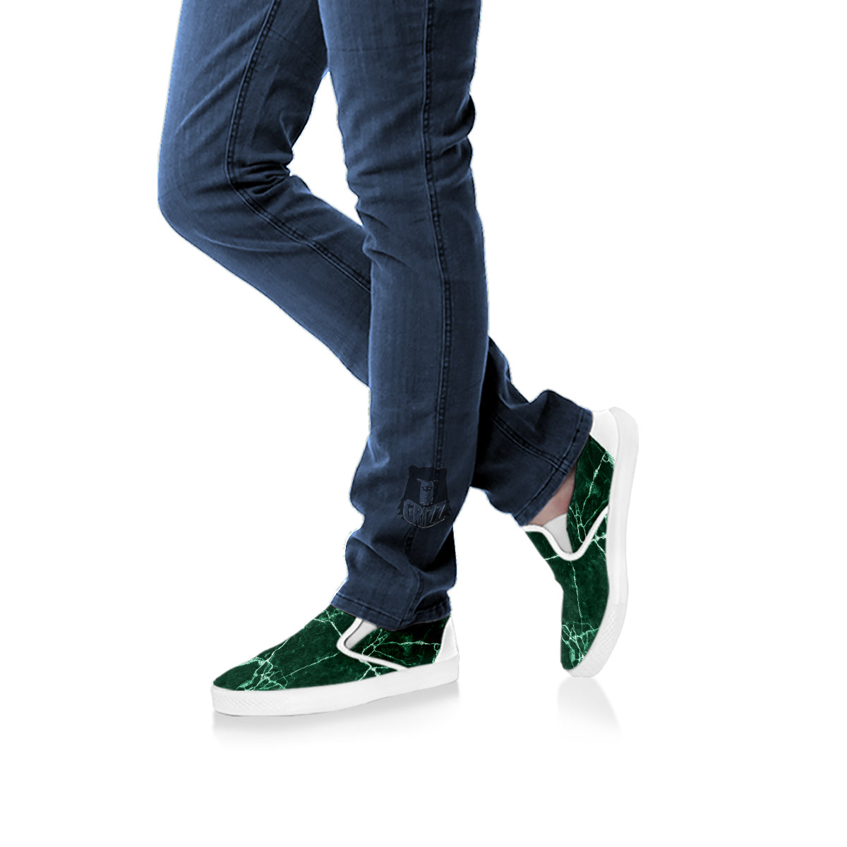 White And Dark Green Marble Texture Print White Slip On Shoes-grizzshop